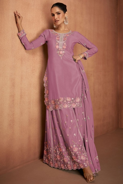 Chinon embroidered palazzo suit in Mauve pink colour 7488B