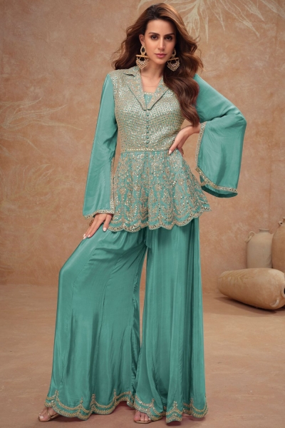 Chinon embroidered palazzo suit in Sea green colour 7504B