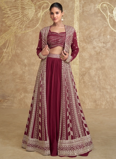 Chinon embroidered crop top long shrug suit in maroon colour 5622