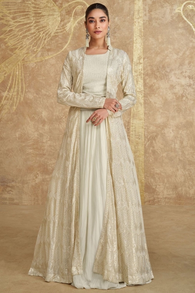 Georgette embroidered crop top long shrug suit in Ivory colour 5627