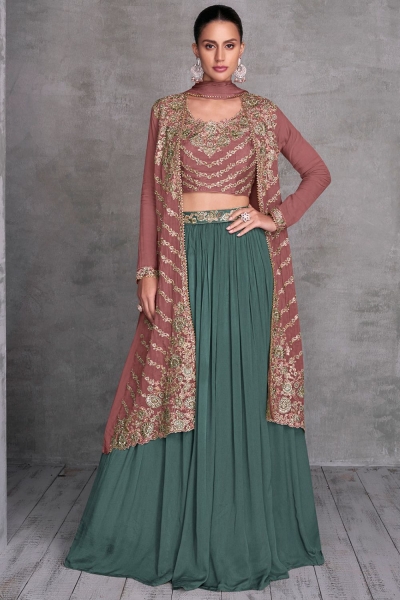Chinnon embroidered crop top long shrug suit in Green colour 7445A