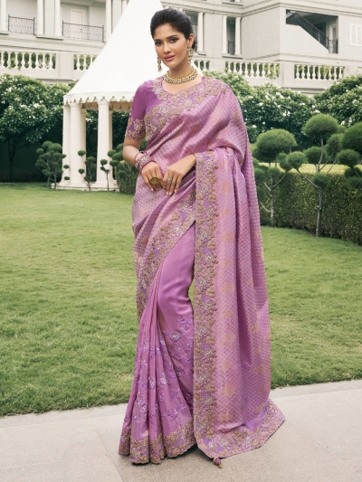 Purple Pure tissue silk wedding saree with blouse 4001