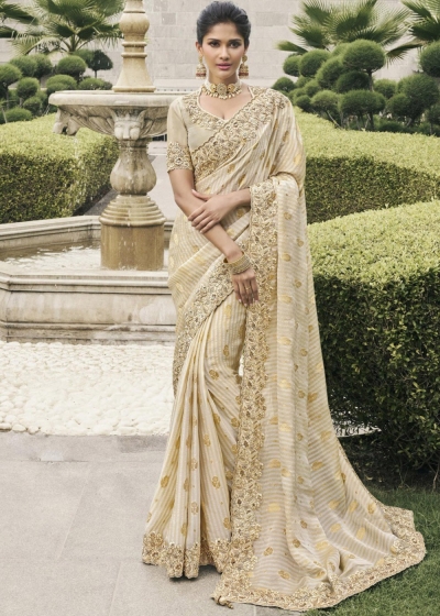 Ivory Pure tissue silk wedding saree with blouse 4003