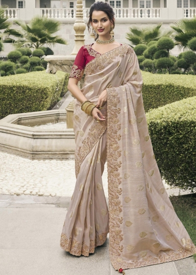 Beige Pure tissue silk wedding saree with blouse 4006