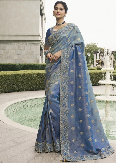Blue Pure tissue silk wedding saree with blouse 4007