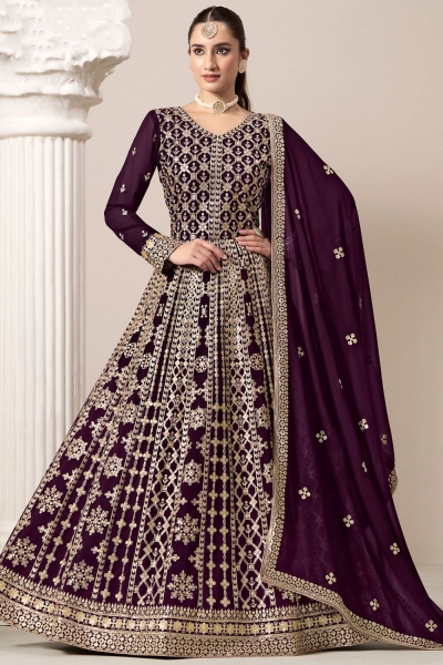 Faux Georgette Anarkali gown wedding dress in Wine colour 206B
