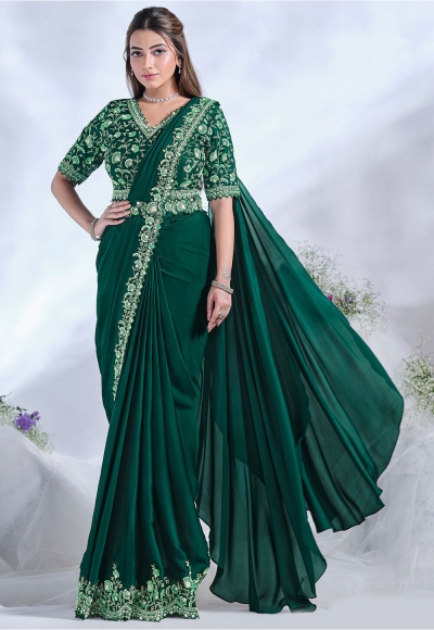 Ready to wear green crepe satin silk saree with stitched blouse 24618