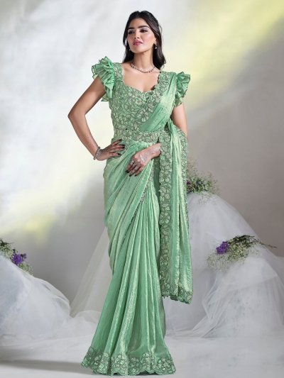Ready to wear sea green two tone satin silk saree with stitched blouse 24612