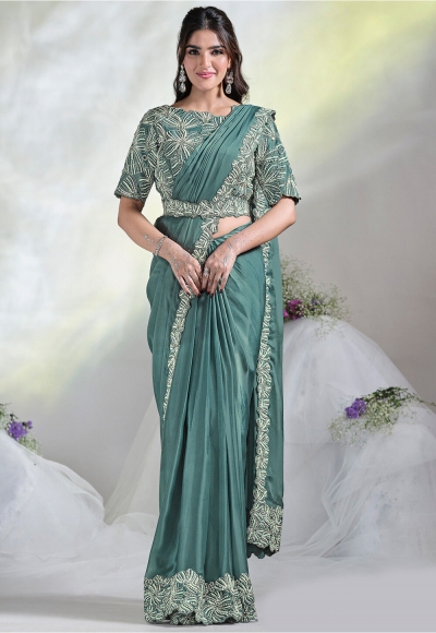 Ready to wear aqua green crepe satin silk saree with stitched blouse 24614