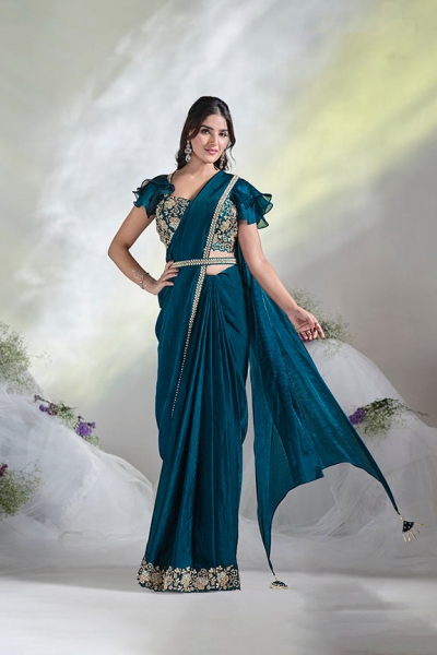 Ready to wear teal blue two tone satin silk saree with stitched blouse 24616