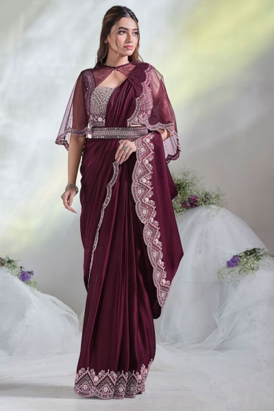 Ready to wear wine crepe satin silk saree with stitched blouse 24617