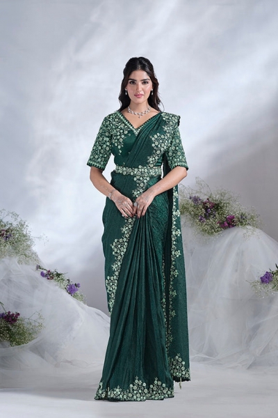 Ready to wear green two tone satin silk saree with stitched blouse 24607