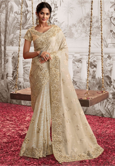 Ivory viscous art silk embroidered wedding saree with blouse 8201