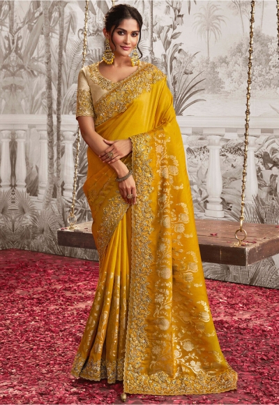 Mustard viscous art silk embroidered wedding saree with blouse 8202