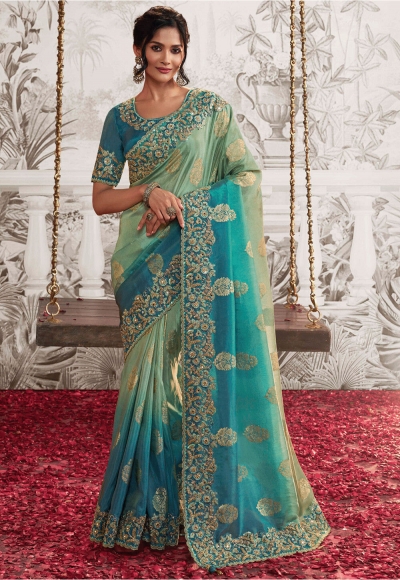 Pastel green shaded viscous art silk embroidered wedding saree with blouse 8203