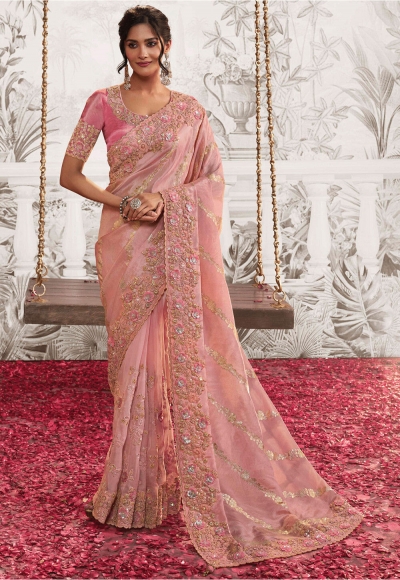 Pink viscous art silk embroidered wedding saree with blouse 8206