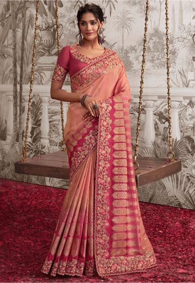 Peach viscous art silk embroidered wedding saree with blouse 8207