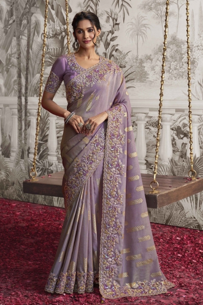 Lavender viscous art silk embroidered wedding saree with blouse 8211