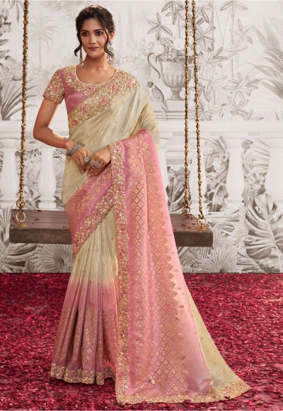 Offwhite and pink shade viscous art silk embroidered wedding saree with blouse 8212