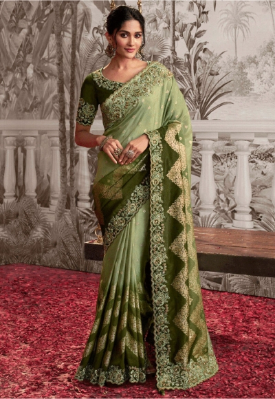 Shaded green viscous art silk embroidered wedding saree with blouse 8214