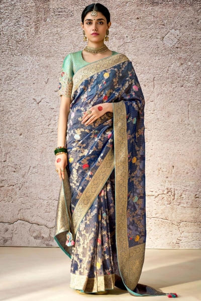 Navy blue banarasi silk embroidered wedding saree with blouse 288