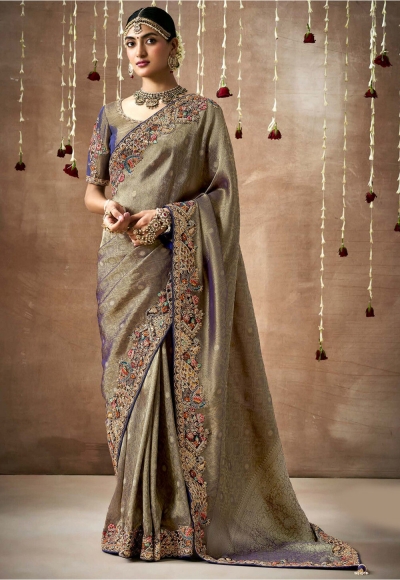 Metallic blue Tissue dola silk embroidered wedding saree with blouse 320