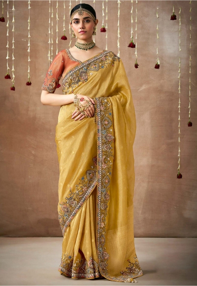 Mustard Tissue dola silk embroidered wedding saree with blouse 322