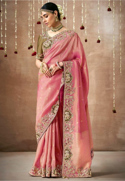Pink Tissue dola silk embroidered wedding saree with blouse 325