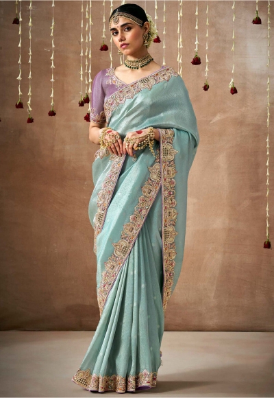 Light blue Tissue dola silk embroidered wedding saree with blouse 326