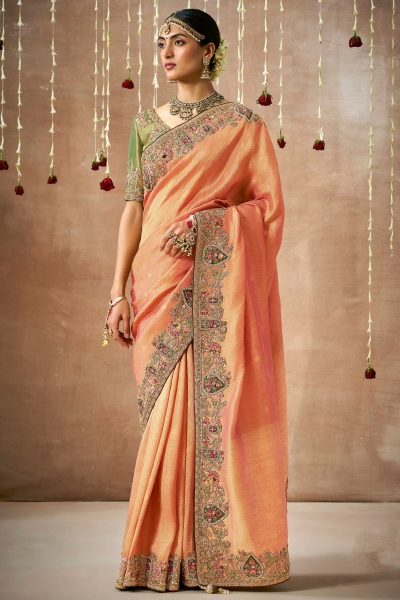 Peach Tissue dola silk embroidered wedding saree with blouse 327
