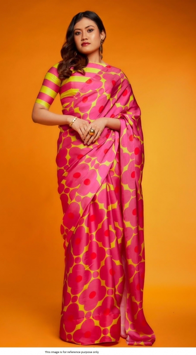 Bollywood Model Satin digital print saree in Pink