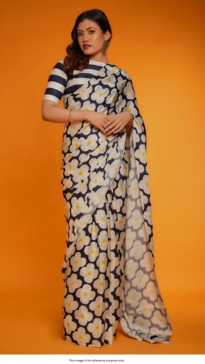 Bollywood Model Satin digital print saree in White and black