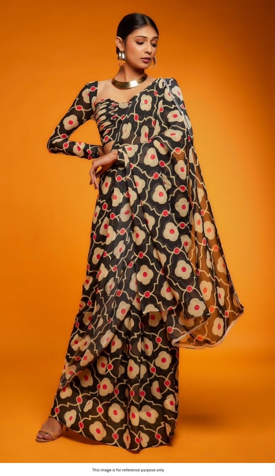 Bollywood Model Satin digital print saree in Black