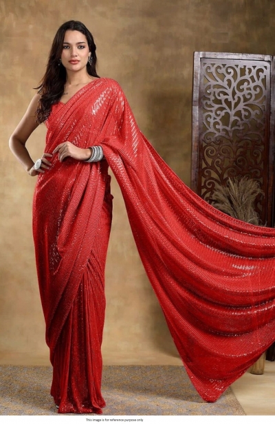 Bollywood Model georgette sequins party wear saree in Red