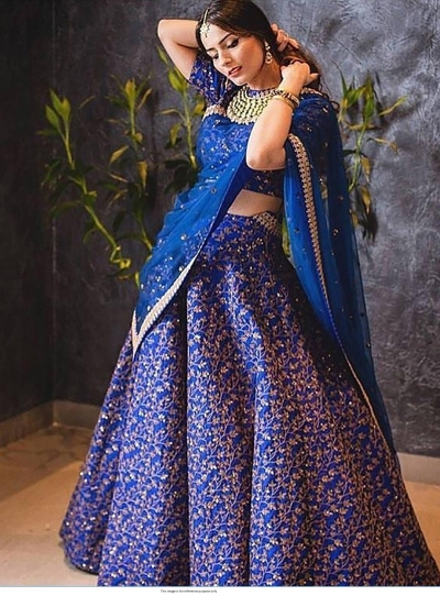 Bollywood Model Royal blue raw silk sequins work lehenga choli