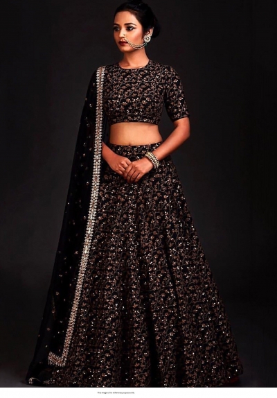Bollywood Model Black raw silk sequins work lehenga choli