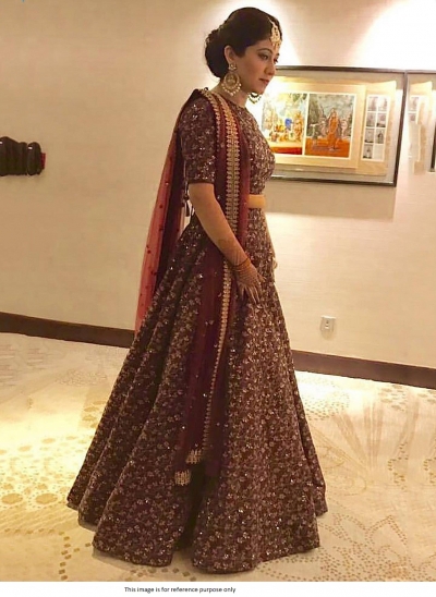 Bollywood Model Maroon raw silk sequins work lehenga choli