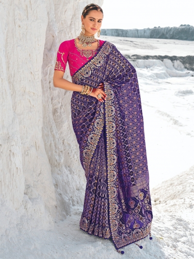 Blue Pure georgette zari embroidered wedding saree with double blouse 7602