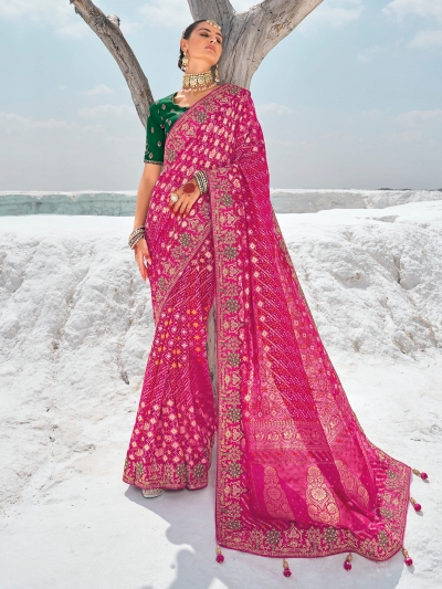 Pink Pure georgette zari embroidered wedding saree with double blouse 7603