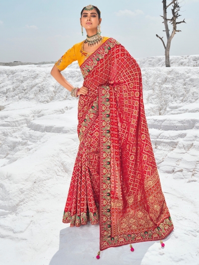 Red Pure georgette zari embroidered wedding saree with double blouse 7604