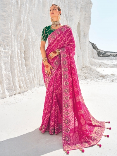 Pink Pure georgette zari embroidered wedding saree with double blouse 7608