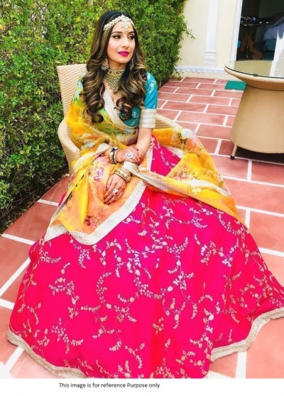 Bollywood Sabyasachi Inspired Pink and Yellow silk haldi lehenga