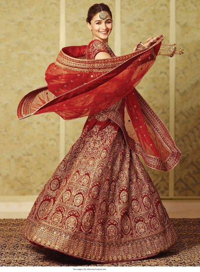 Bollywood Sabyasachi Inspired Alia Bhat Red velvet embroidered lehenga choli