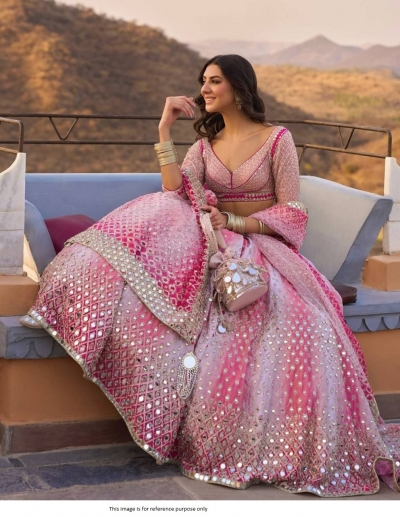 Bollywood Model Light Rose mirror embroidery georgette lehenga choli