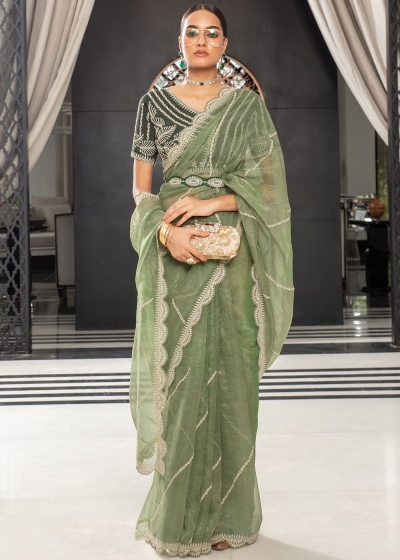 Mint green Organza thread embroidered wedding saree with blouse 84304