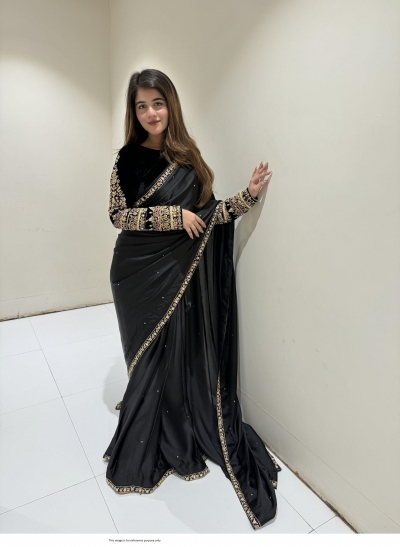 Bollywood Model black velvet embroidered moti work party wear saree