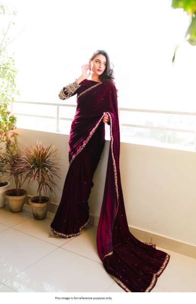 Bollywood Model Wine velvet embroidered moti work party wear saree