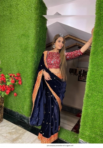 Bollywood Model blue and red velvet sequins embroidered wedding wear saree