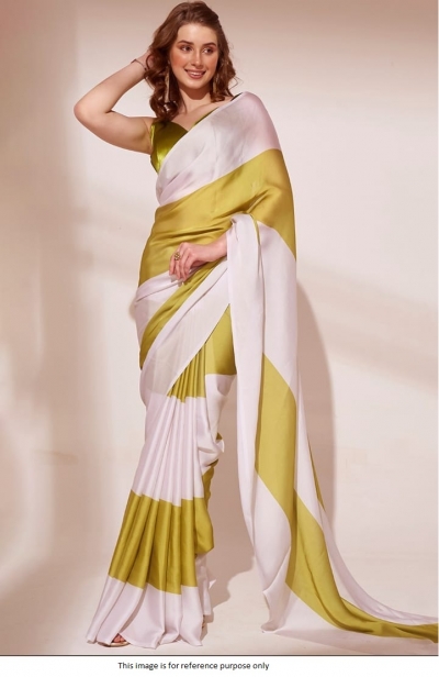 Bollywood Model White and Lime green Satin digital print saree