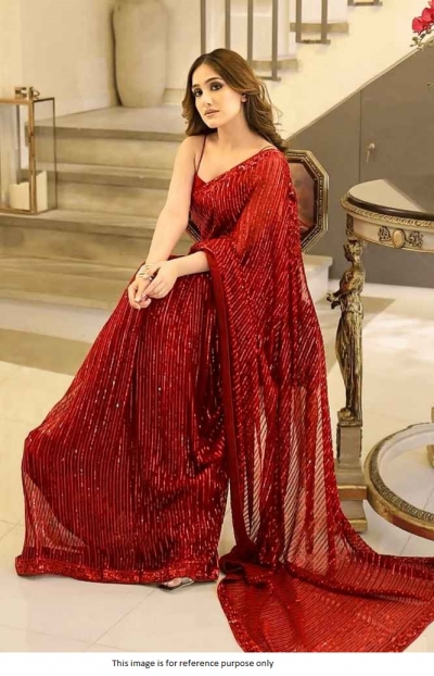 Bollywood Model Red georgette sequins embroidered saree